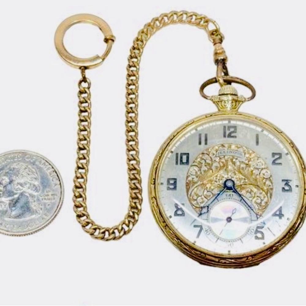 Antique 14K Gold Filled Illinois Wind-Up Pocket Watch with 7" Chain - Circa 1924